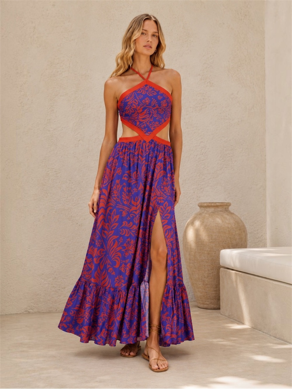 PatBO Pua Printed Cutout Halter Maxi Dress | Blue Coral Resort | Estimated S